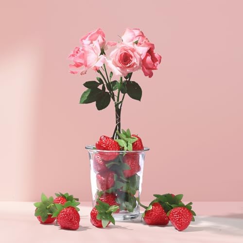 RAYNAG 50Pcs Plastic Fake Strawberries Artificial Fruit Decor