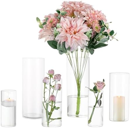 Glasseam Clear Cylinder Vase Set of 6 for Centerpieces