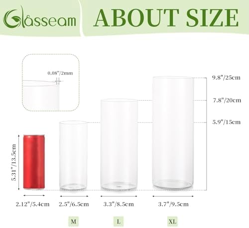 Glasseam Clear Cylinder Vase Set of 6 for Centerpieces
