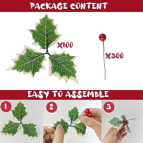 TIHOOD Artificial Holly Berries and Leaves Set Red