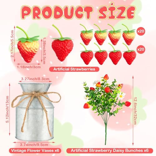 6 Piece Summer Strawberry Centerpieces with Vase and Fake Strawberries