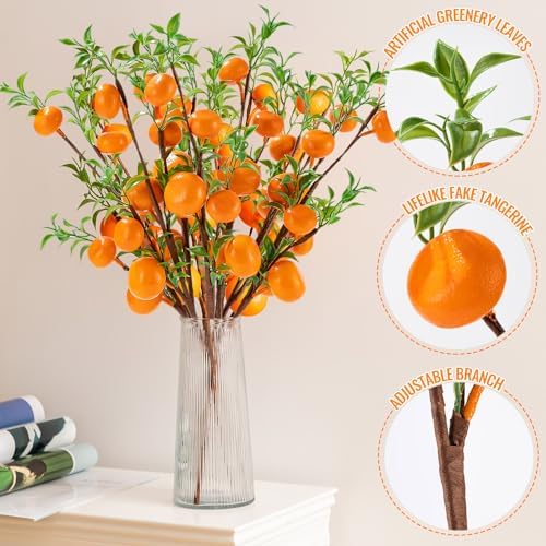 4Pcs Artificial Tangerine Branches Lifelike Orange Branches with Green Leaves and Adjustable Design