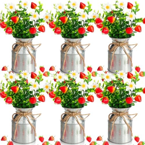 6 Piece Summer Strawberry Centerpieces with Vase and Fake Strawberries