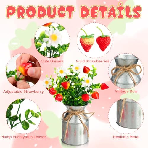 6 Piece Summer Strawberry Centerpieces with Vase and Fake Strawberries