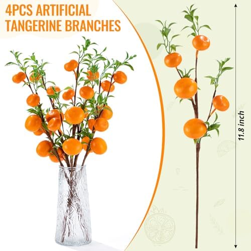 4Pcs Artificial Tangerine Branches Lifelike Orange Branches with Green Leaves and Adjustable Design