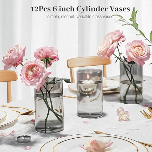 12pcs Gray Cylinder Vases for Centerpieces and Decor