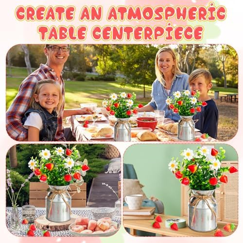 6 Piece Summer Strawberry Centerpieces with Vase and Fake Strawberries