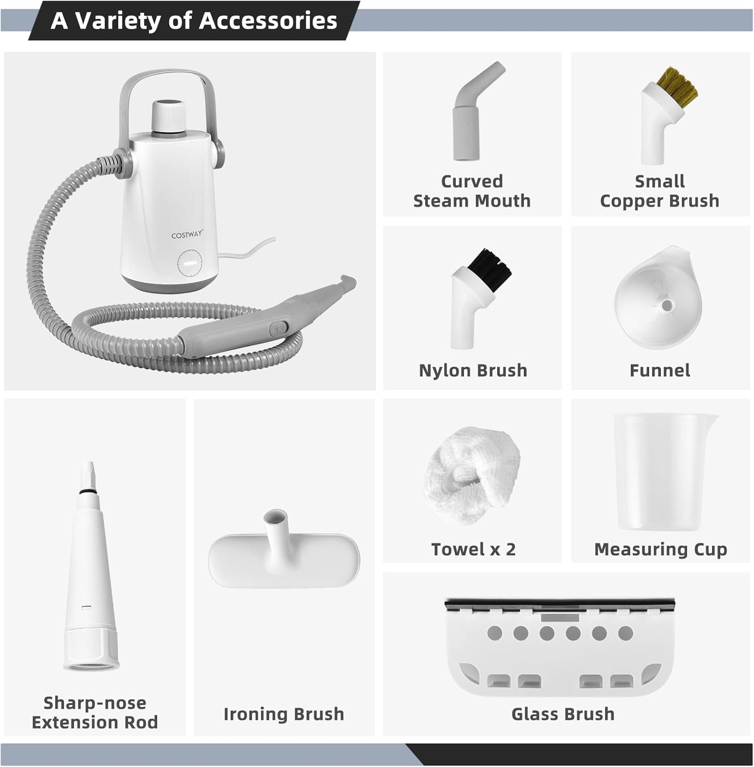 COSTWAY Handheld Steam Cleaner with 10 Piece Accessories Grey