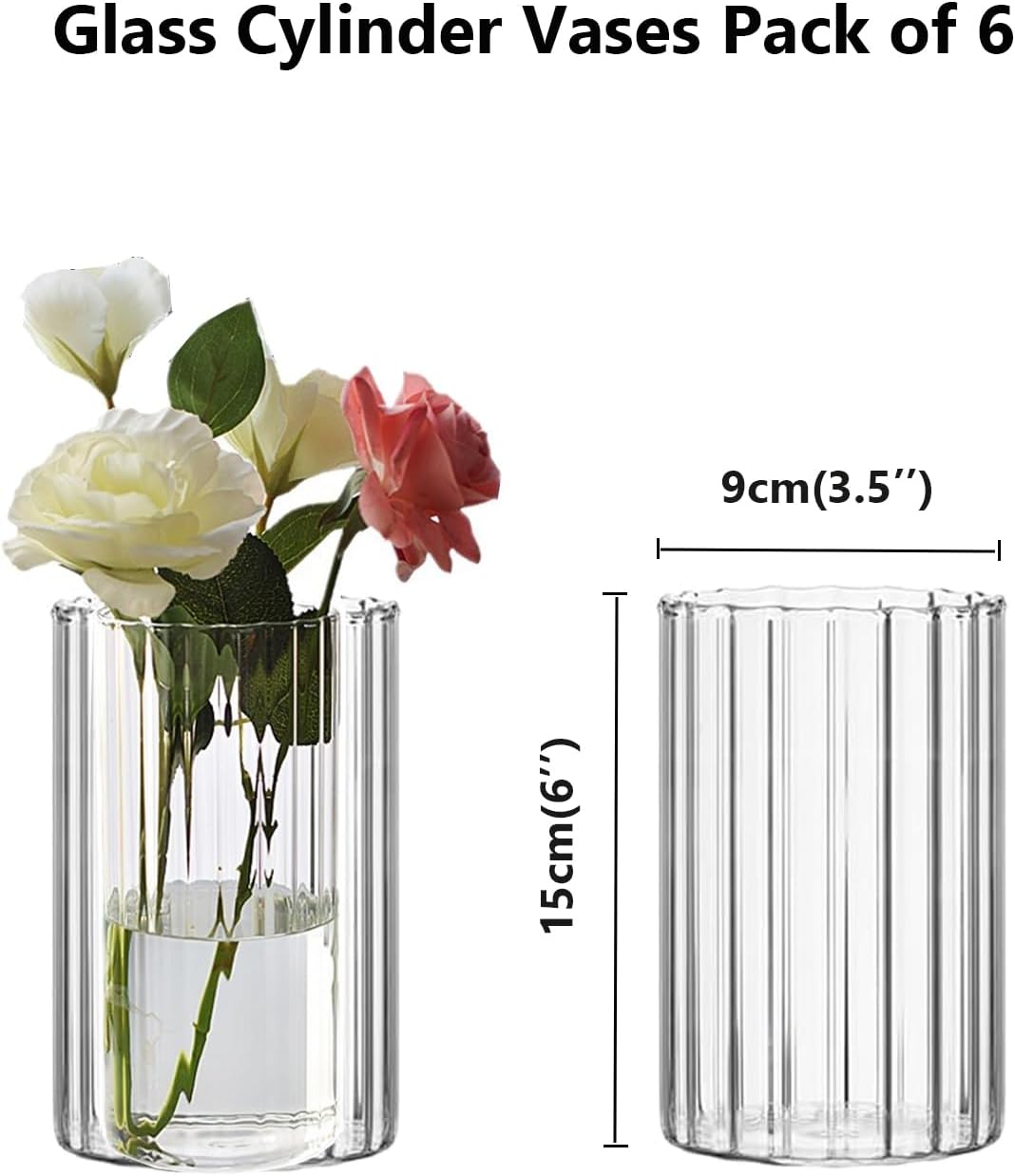 Steviieden Clear Ribbed Glass Cylinder Vases Set of 6