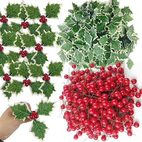 TIHOOD Artificial Holly Berries and Leaves Set Red