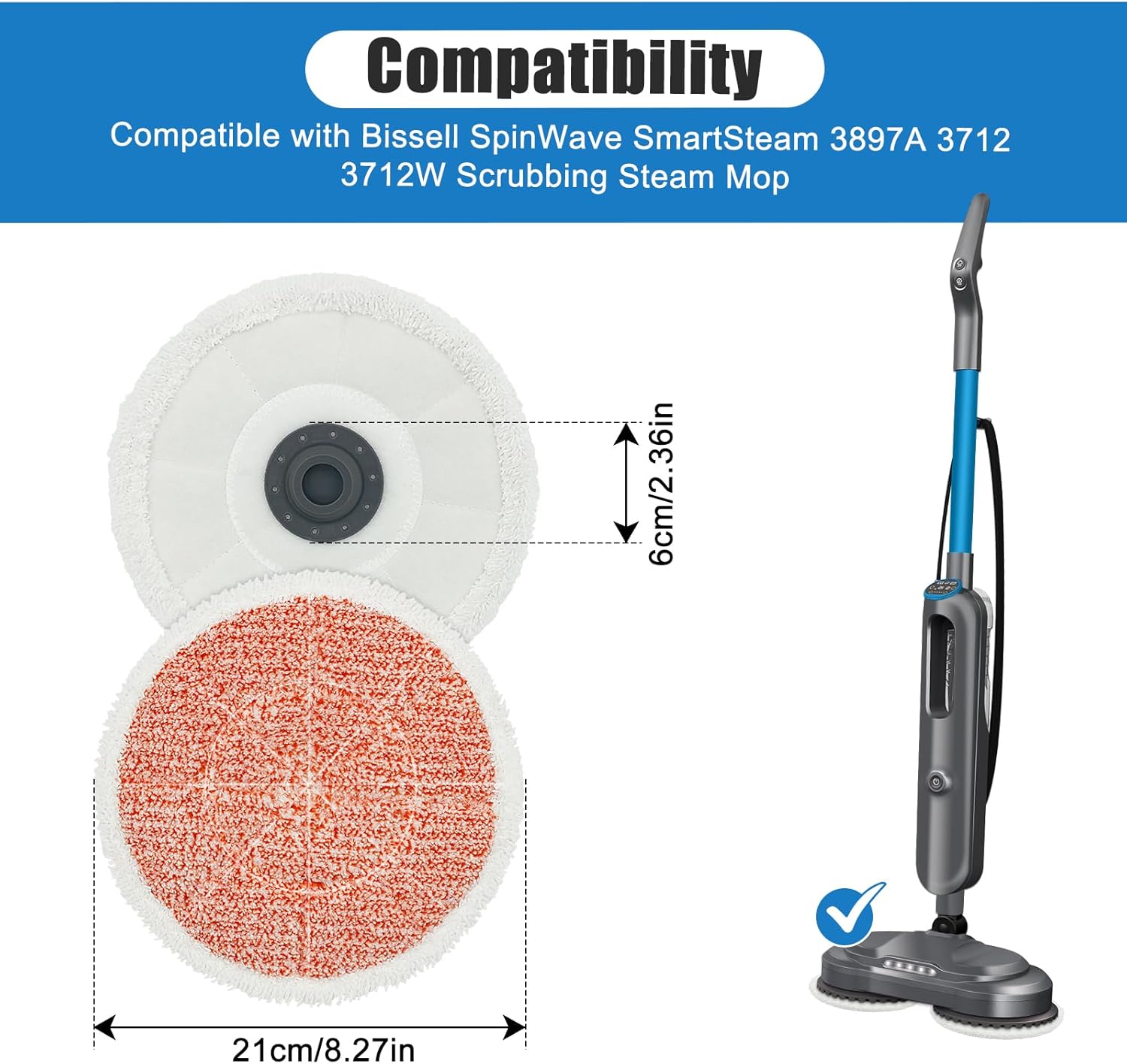 6 Pack Rotating Mop Pads for Bissell 3897A SmartSteam Scrubbing Mop
