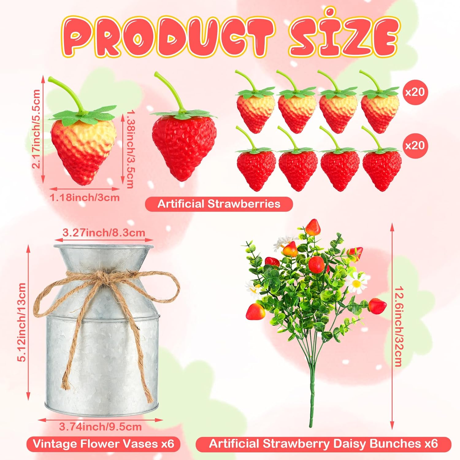 6 Piece Summer Strawberry Centerpieces with Vase and Fake Strawberries