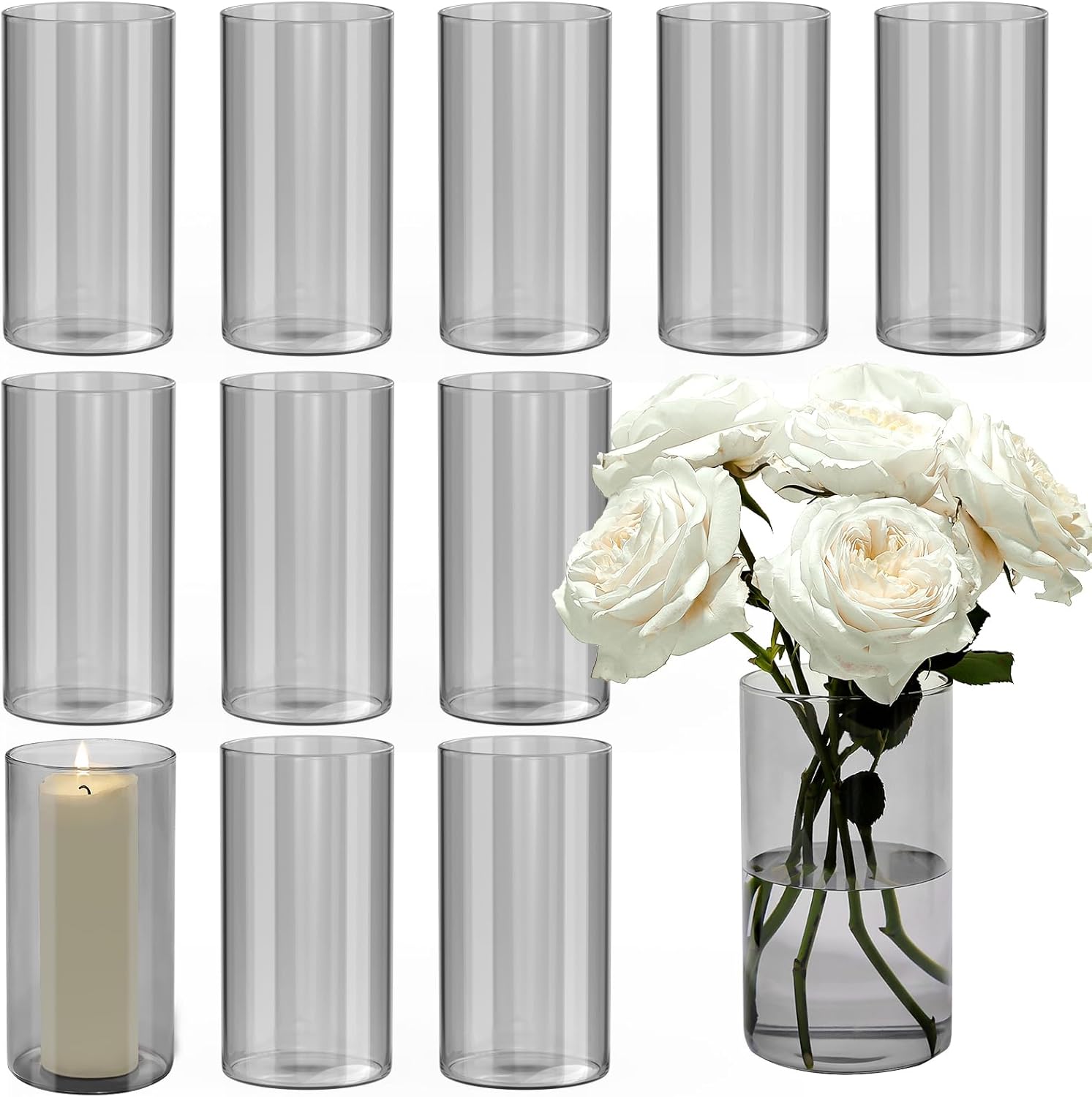 12pcs Gray Cylinder Vases for Centerpieces and Decor