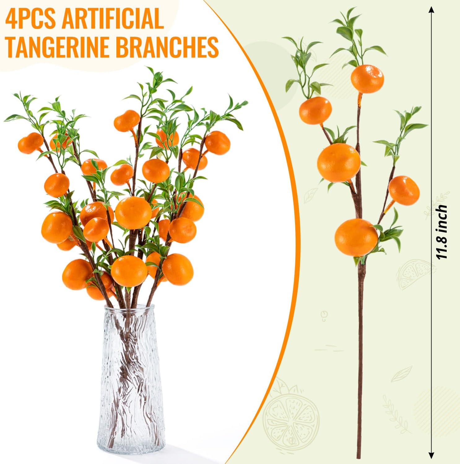 4Pcs Artificial Tangerine Branches Lifelike Orange Branches with Green Leaves and Adjustable Design