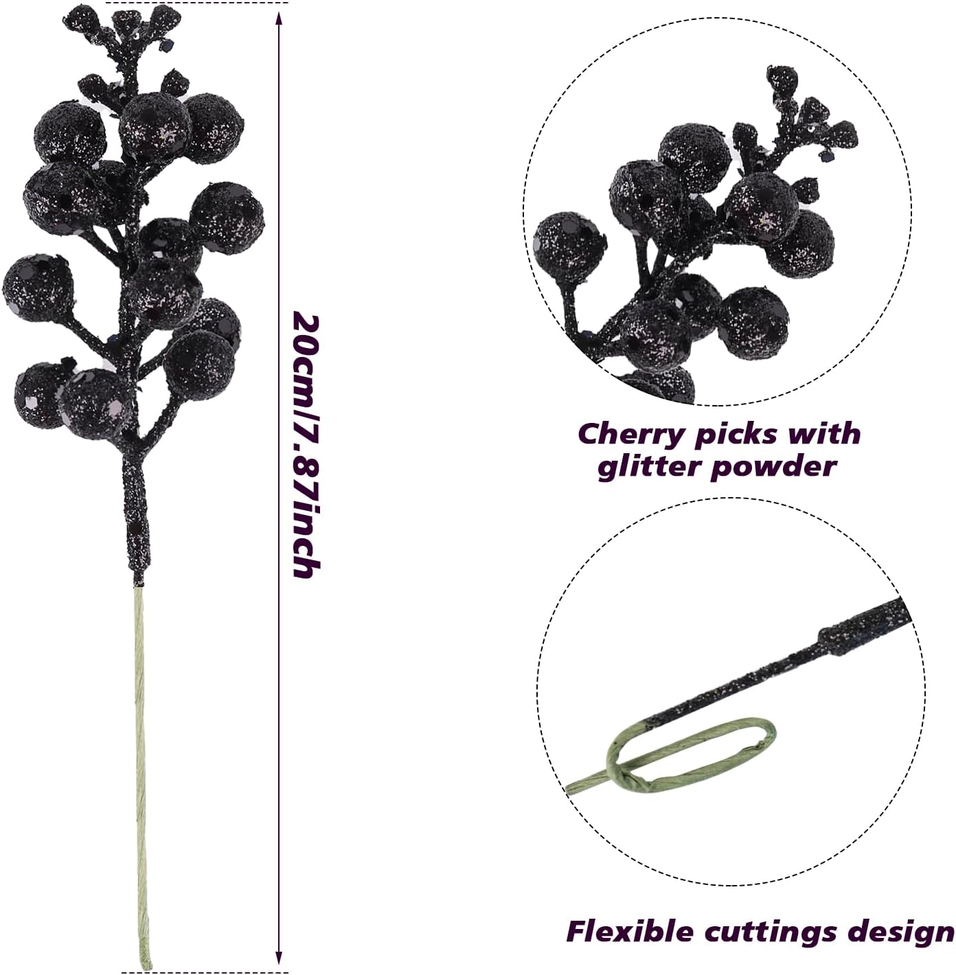 DIYASY Black Glitter Berry Stems 20Pcs Christmas Decor