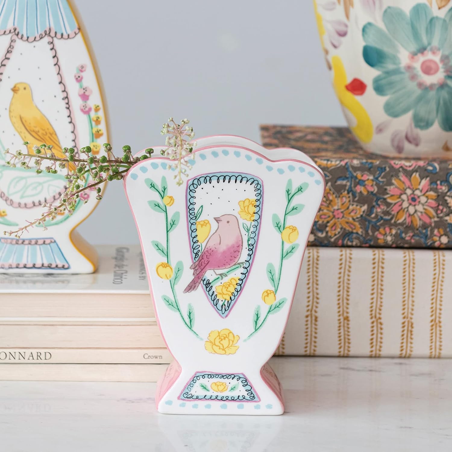Creative Co Op Fan Shaped Vase With Painted Bird Design