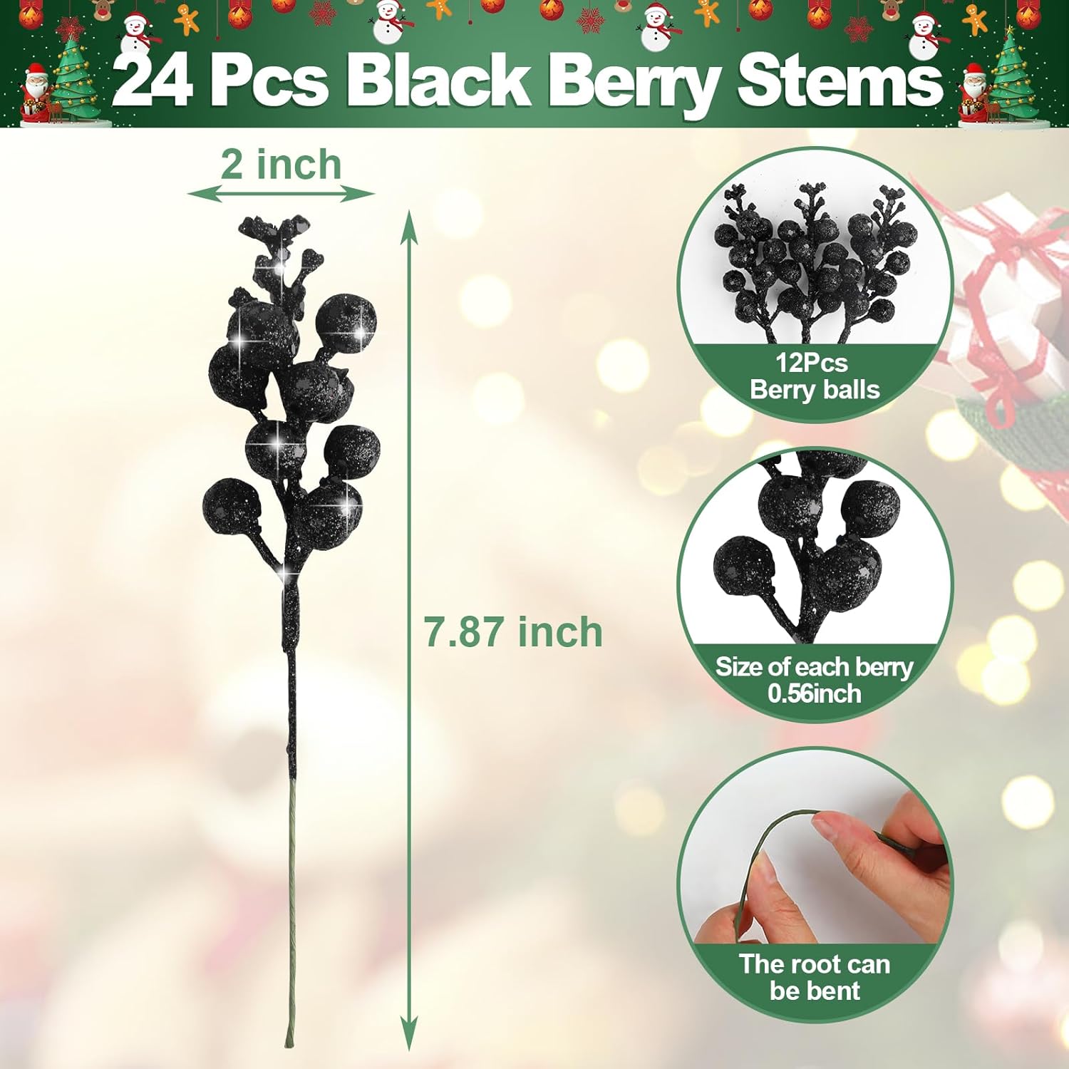 CCINEE 24 Pcs Christmas Black Berry Stems for Decor