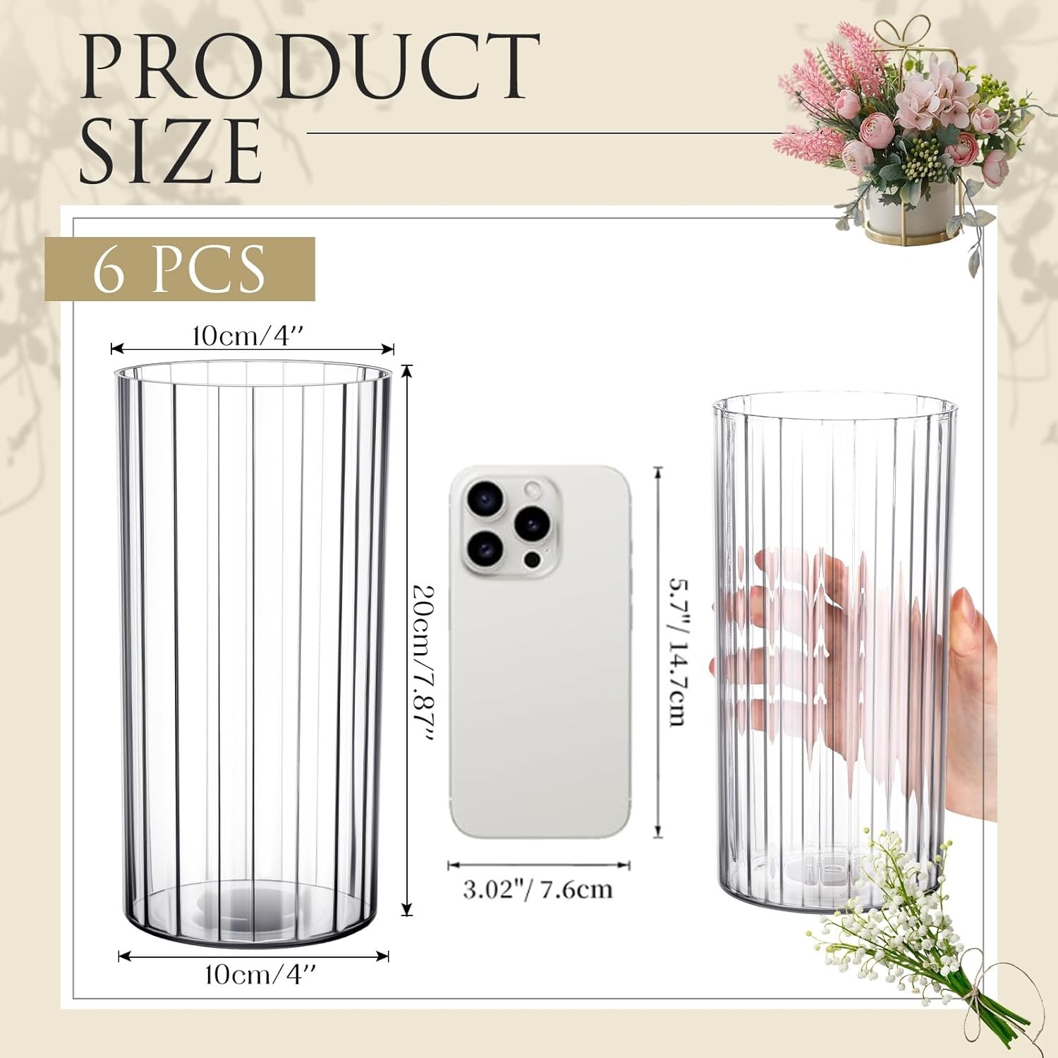 6 Pcs Plastic Cylinder Vases for Centerpieces and Decor