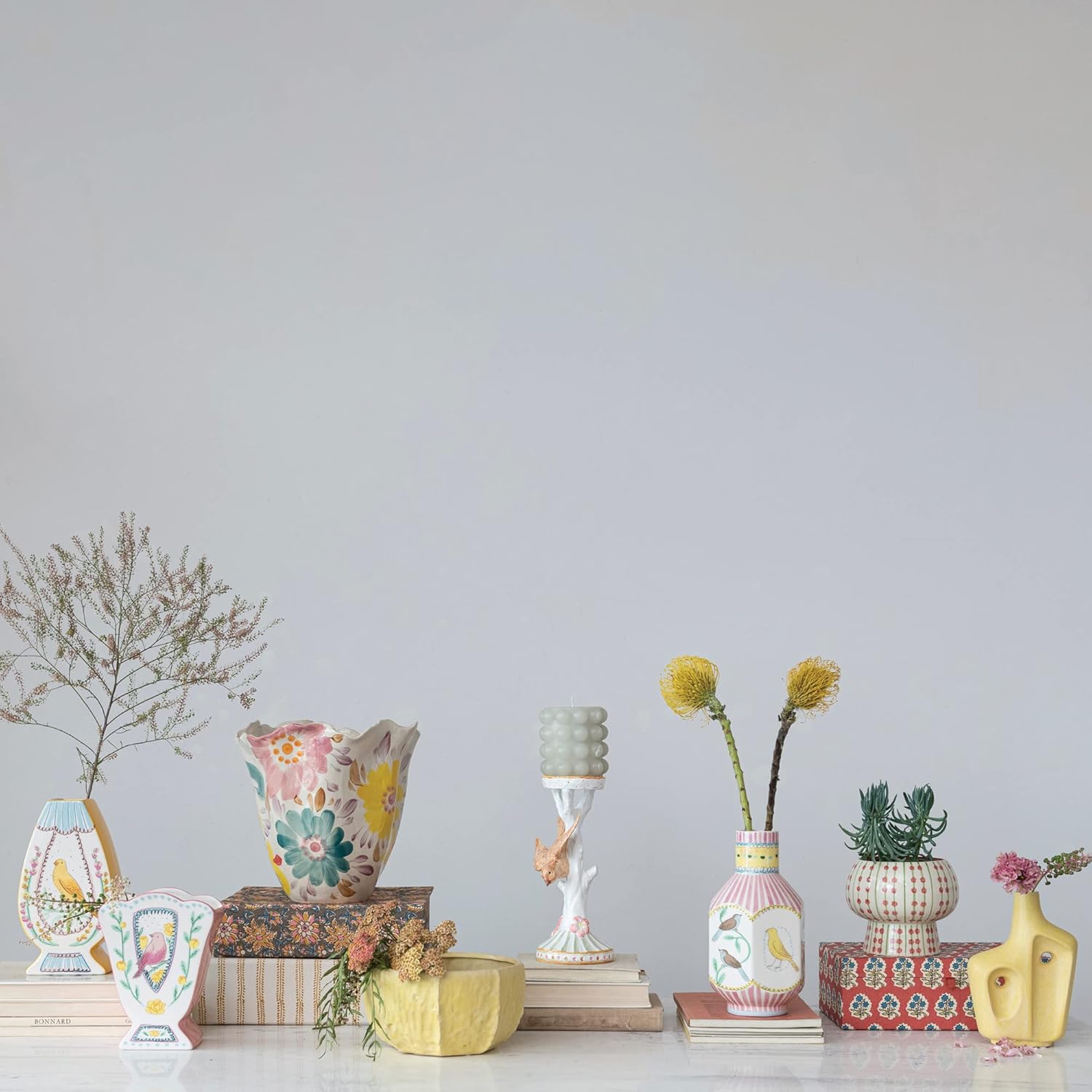 Creative Co Op Fan Shaped Vase With Painted Bird Design
