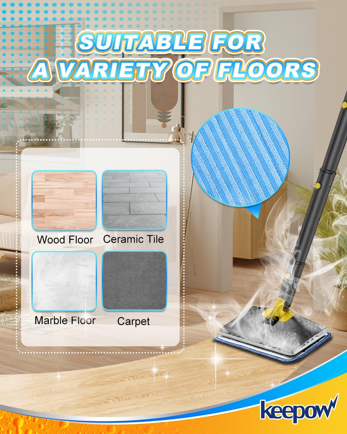 KEEPOW Steam Mop Pads for ScrubWiz 8 Pack Reusable