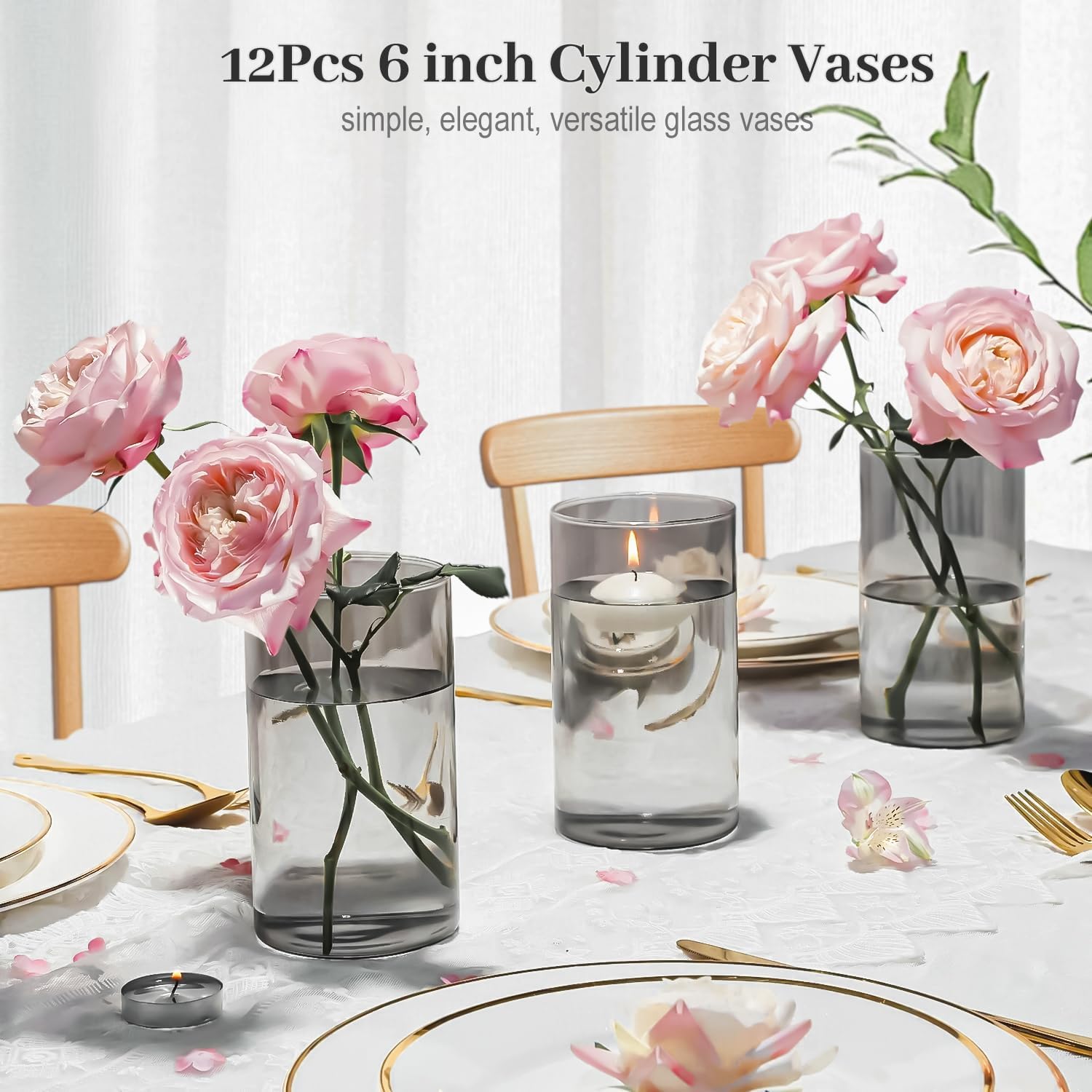 12pcs Gray Cylinder Vases for Centerpieces and Decor