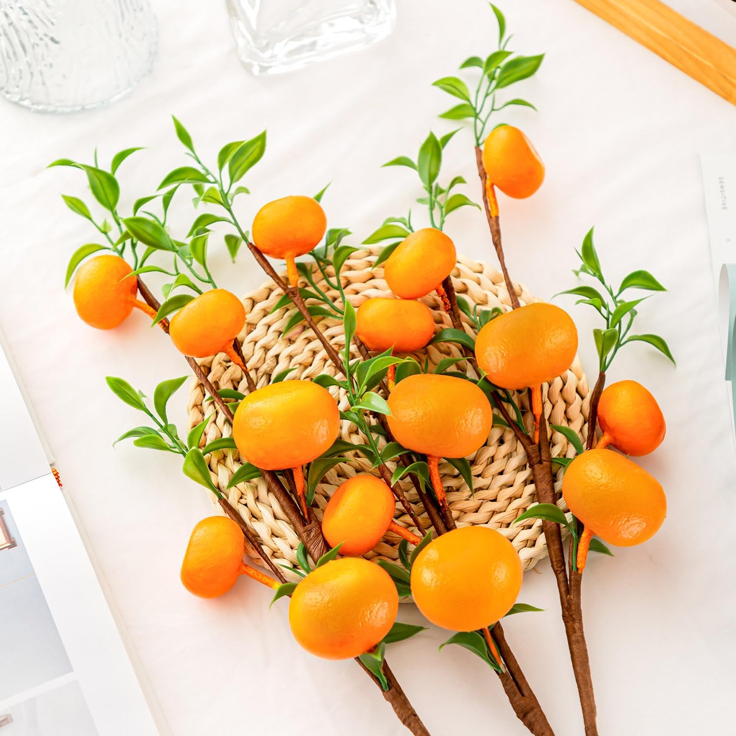 4Pcs Artificial Tangerine Branches Lifelike Orange Branches with Green Leaves and Adjustable Design