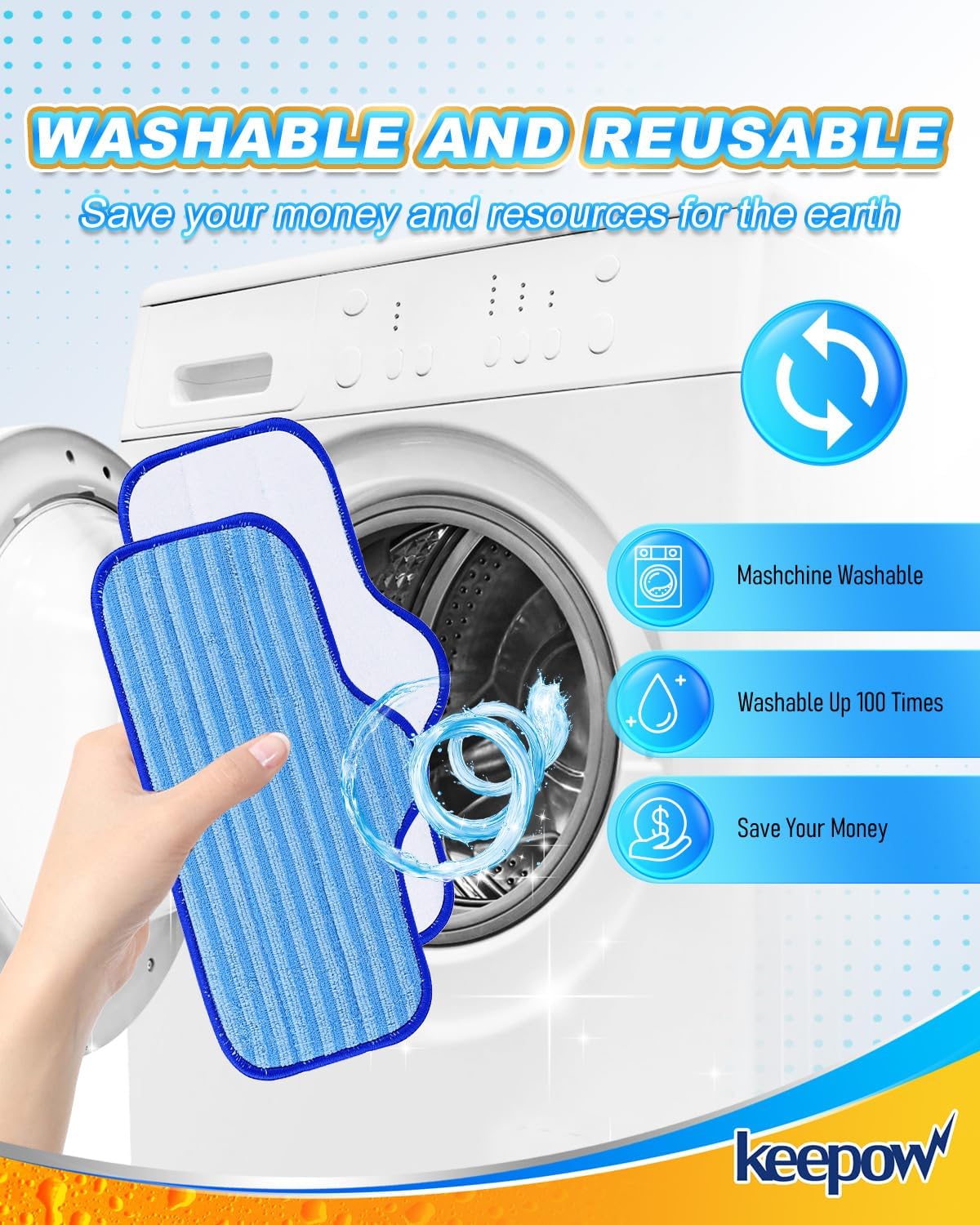 KEEPOW Steam Mop Pads for ScrubWiz 8 Pack Reusable
