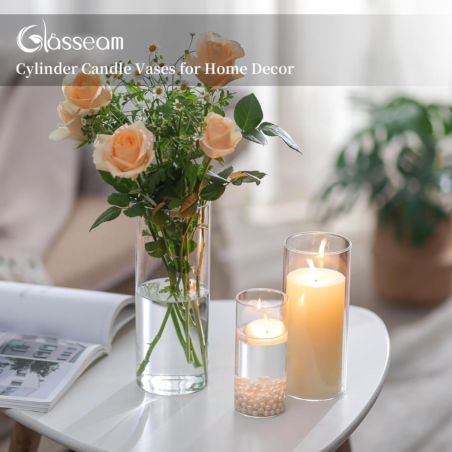 Glasseam Clear Cylinder Vase Set of 6 for Centerpieces