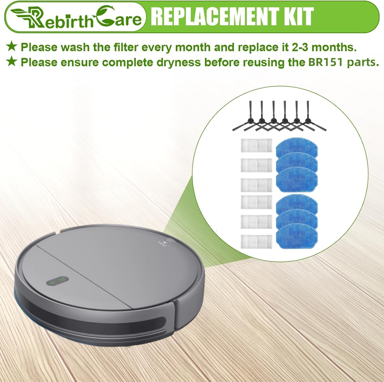 Rebirthcare Replacement Parts for BR151 Robot Vacuum and Mop Combo