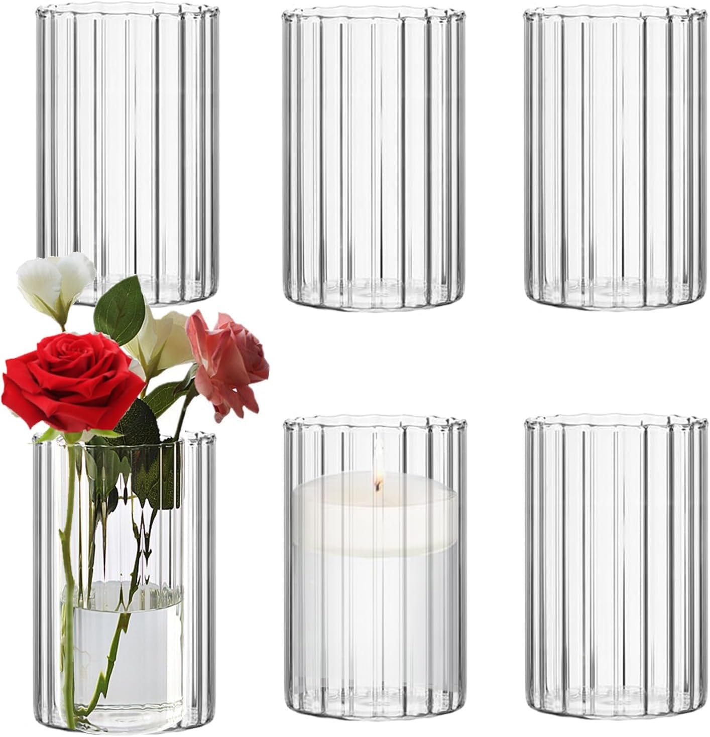 Steviieden Clear Ribbed Glass Cylinder Vases Set of 6
