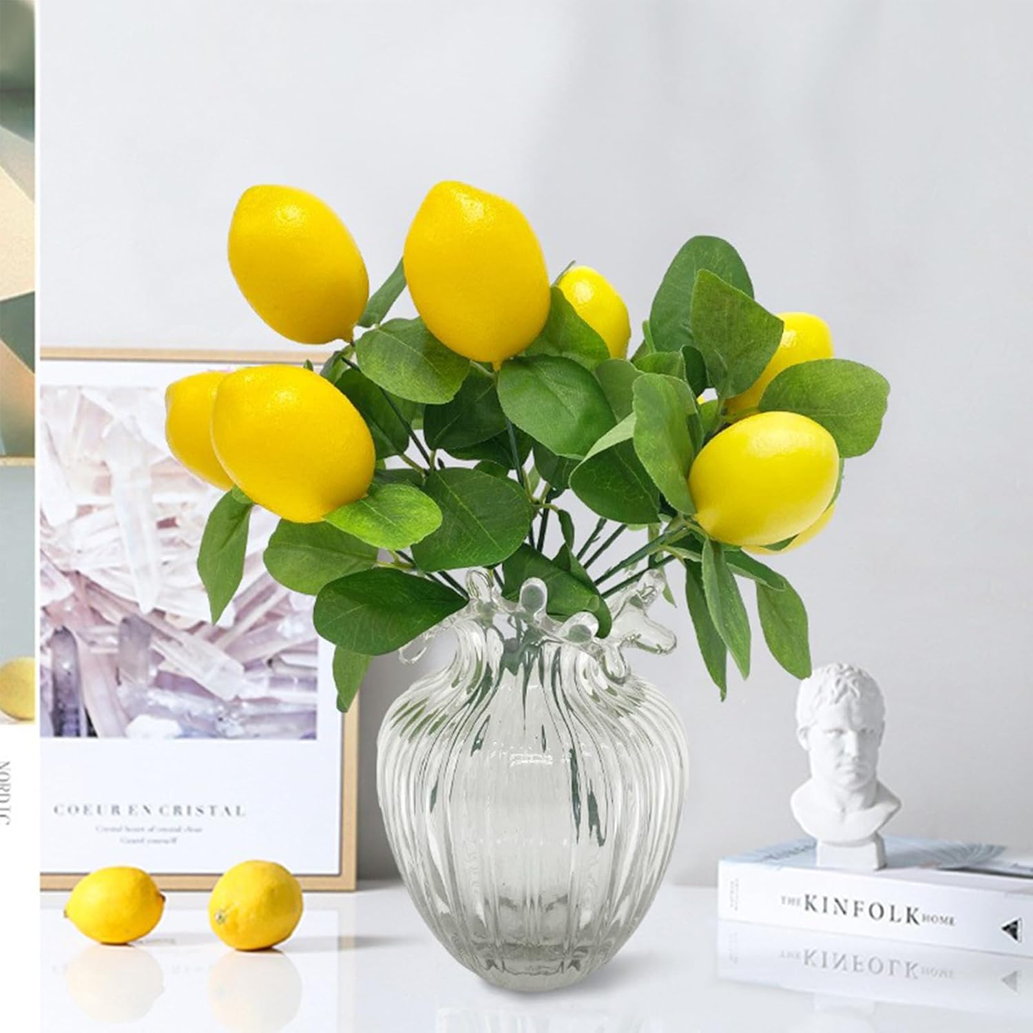 2 Pack Artificial Lemon Branches with 5 Faux Lemons and Stem
