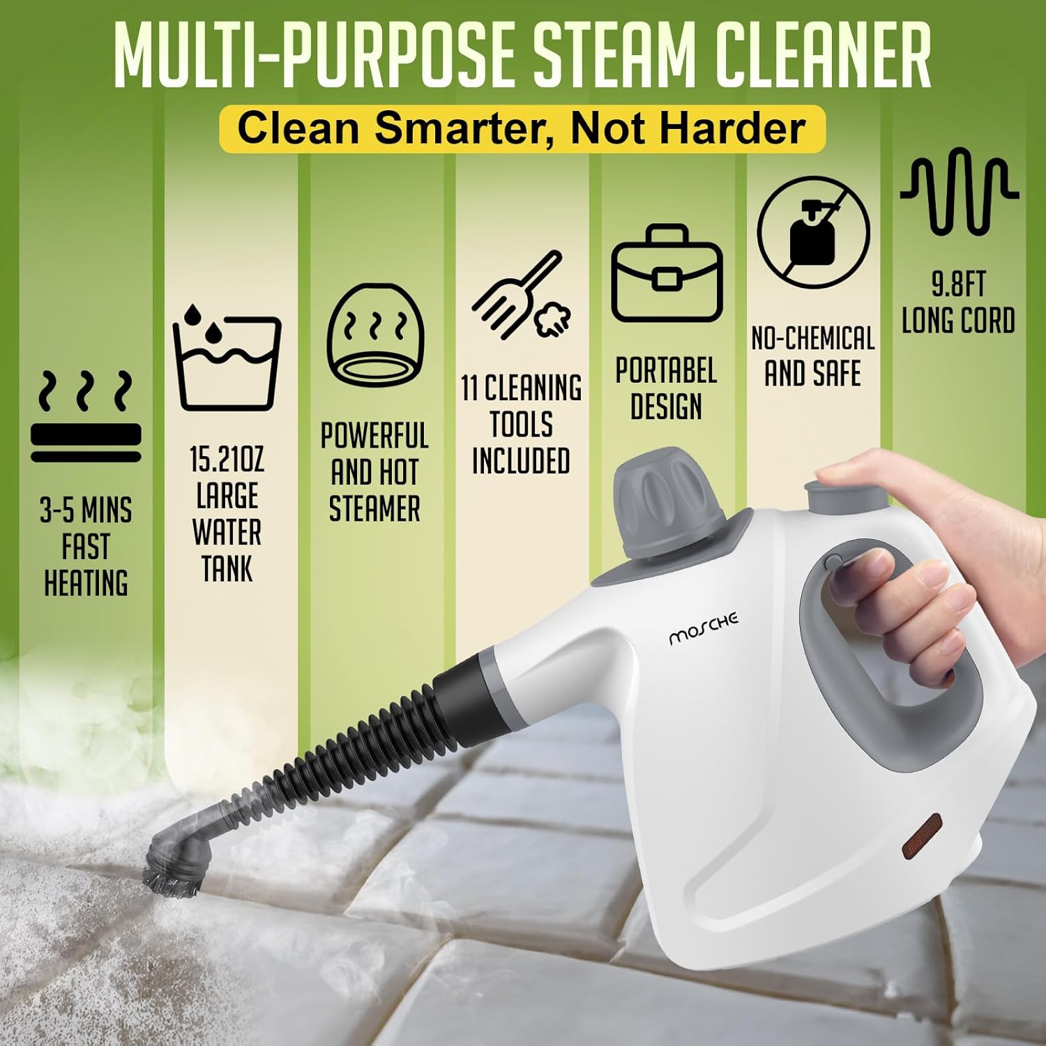 MOSCHE Multi-Surface Handheld Steam Cleaner with 11-Piece Kit