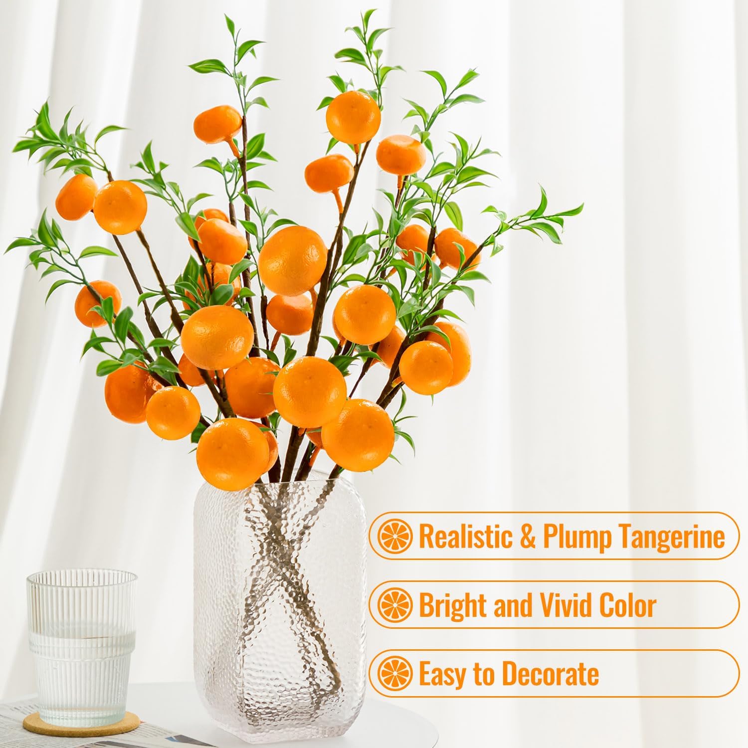 4Pcs Artificial Tangerine Branches Lifelike Orange Branches with Green Leaves and Adjustable Design