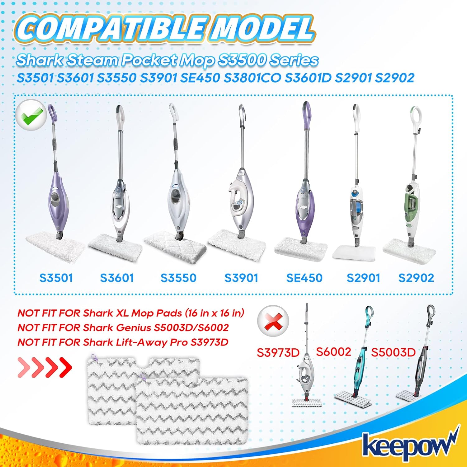 KEEPOW Steam Mop Replacement Microfiber Pads for Shark Models