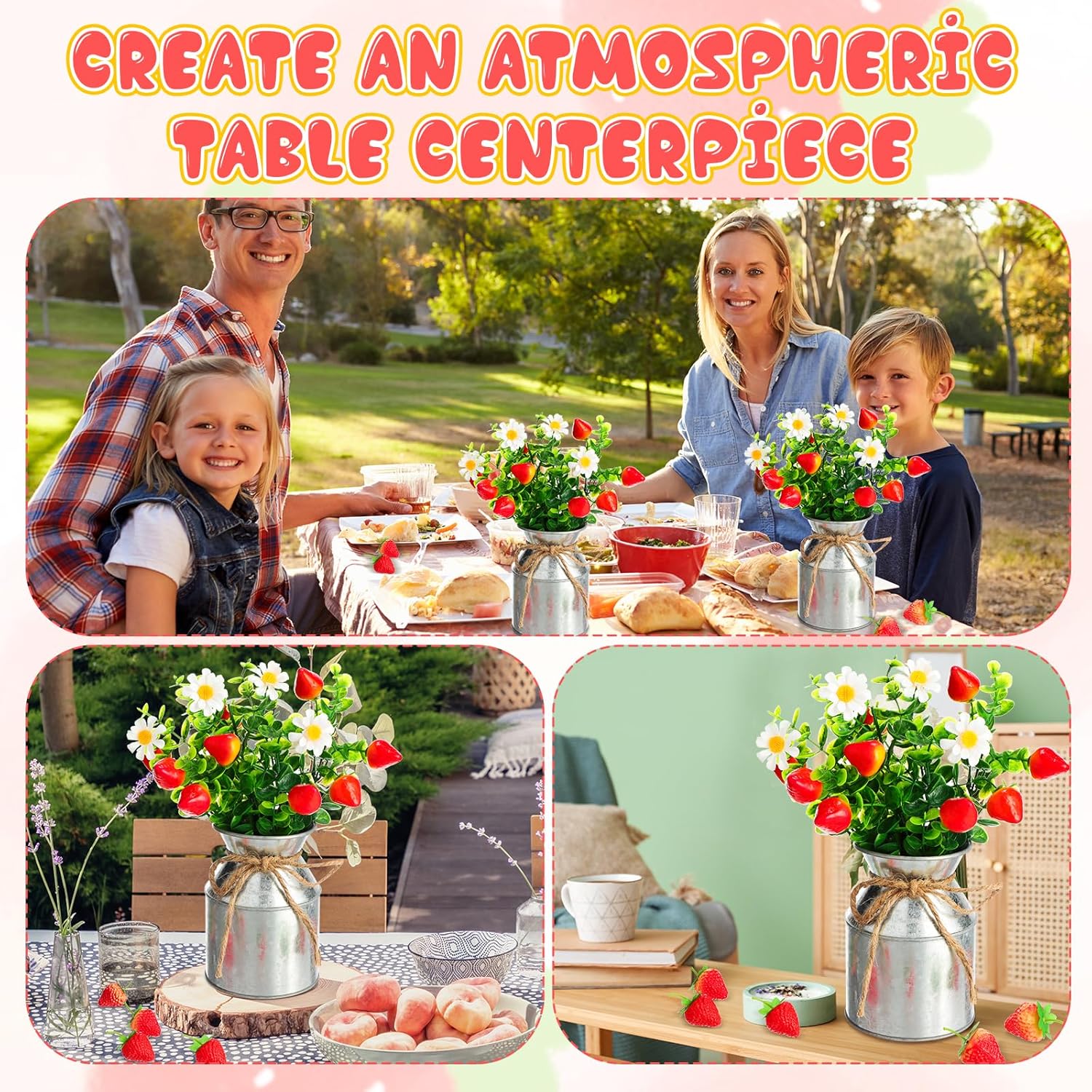 6 Piece Summer Strawberry Centerpieces with Vase and Fake Strawberries