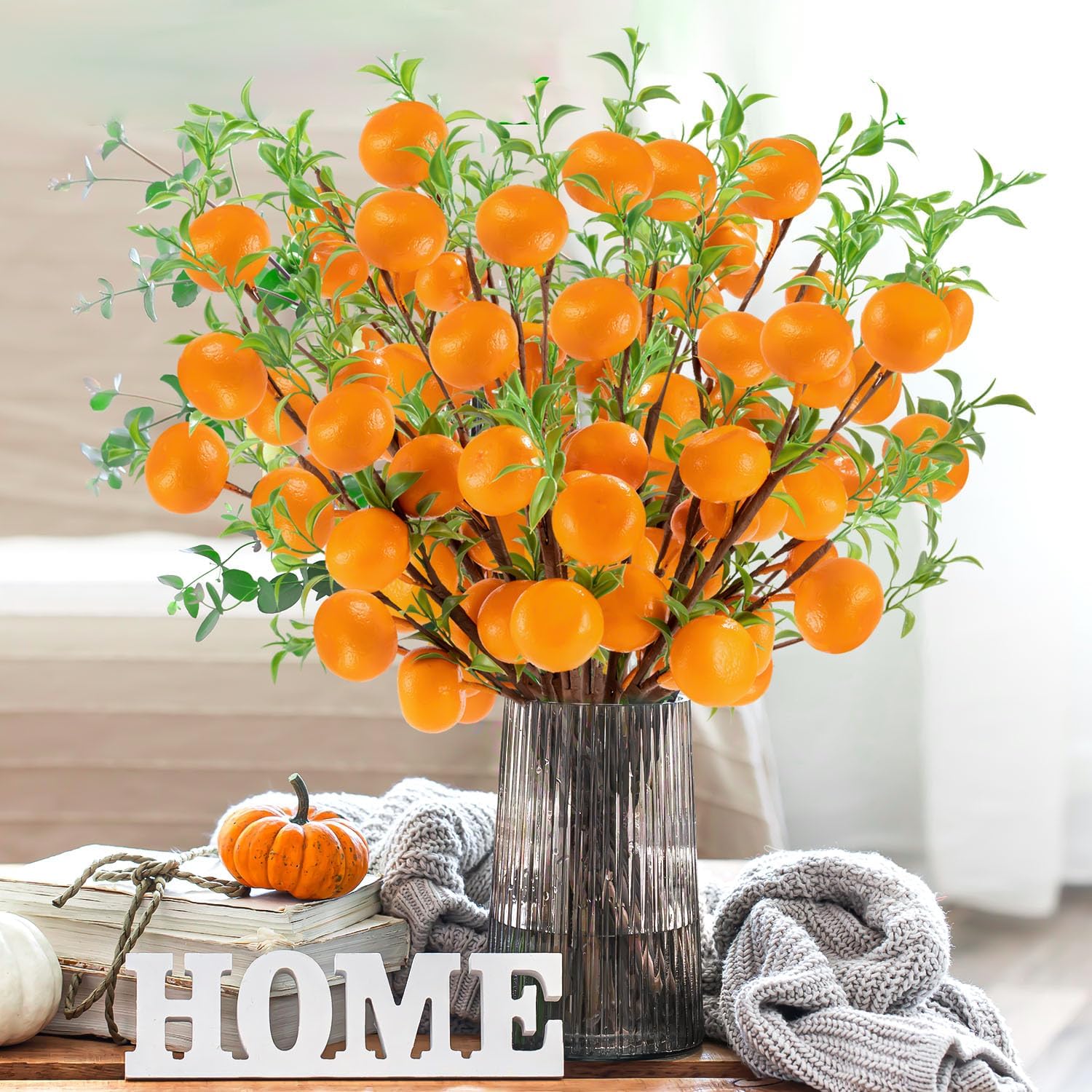 4Pcs Artificial Tangerine Branches Lifelike Orange Branches with Green Leaves and Adjustable Design