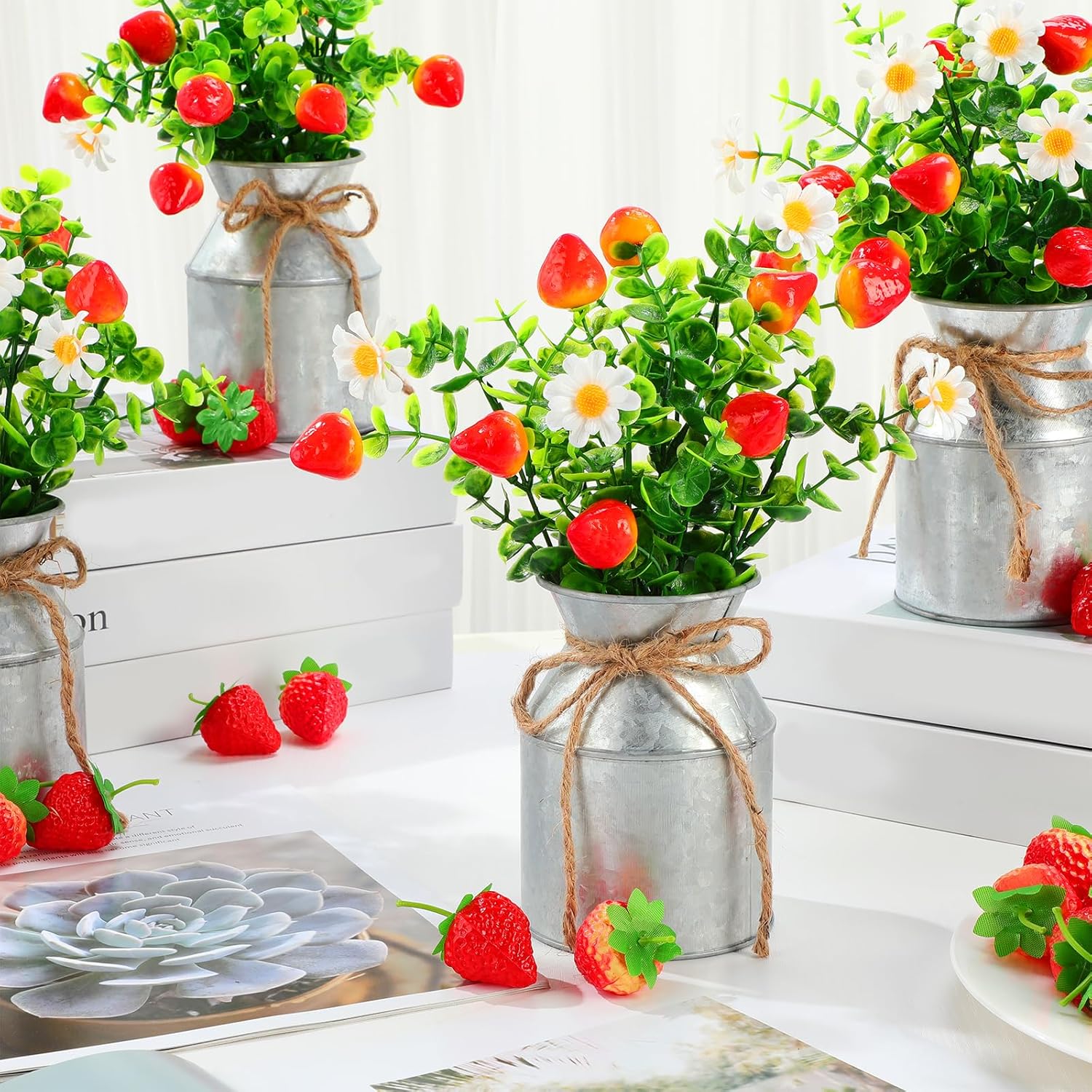 6 Piece Summer Strawberry Centerpieces with Vase and Fake Strawberries