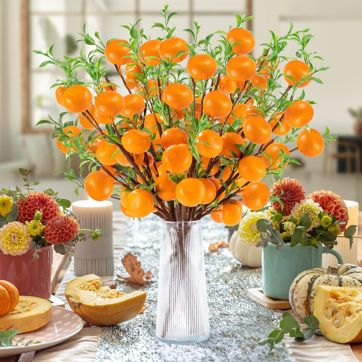 4Pcs Artificial Tangerine Branches Lifelike Orange Branches with Green Leaves and Adjustable Design