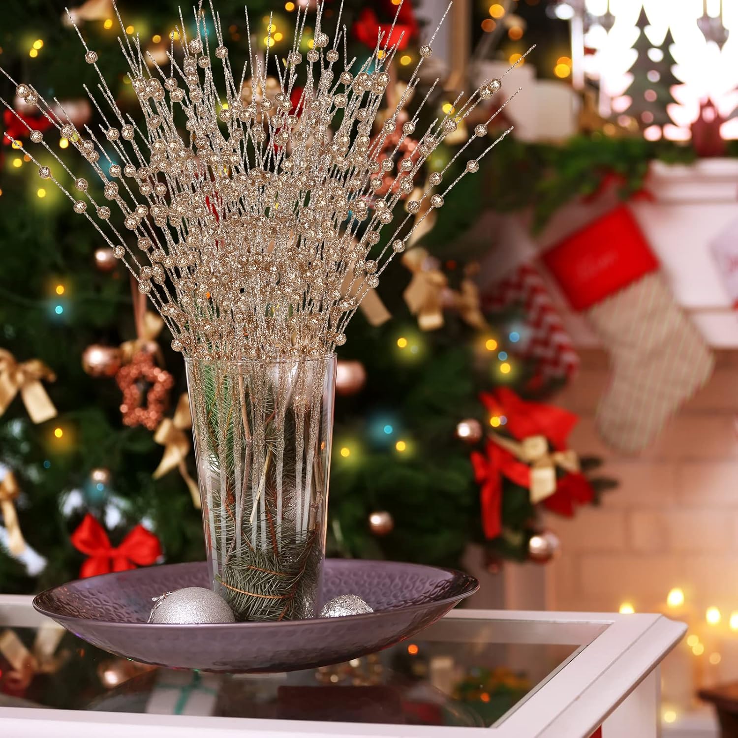YHNJI 10 Pack Glittery Christmas Berry Stems