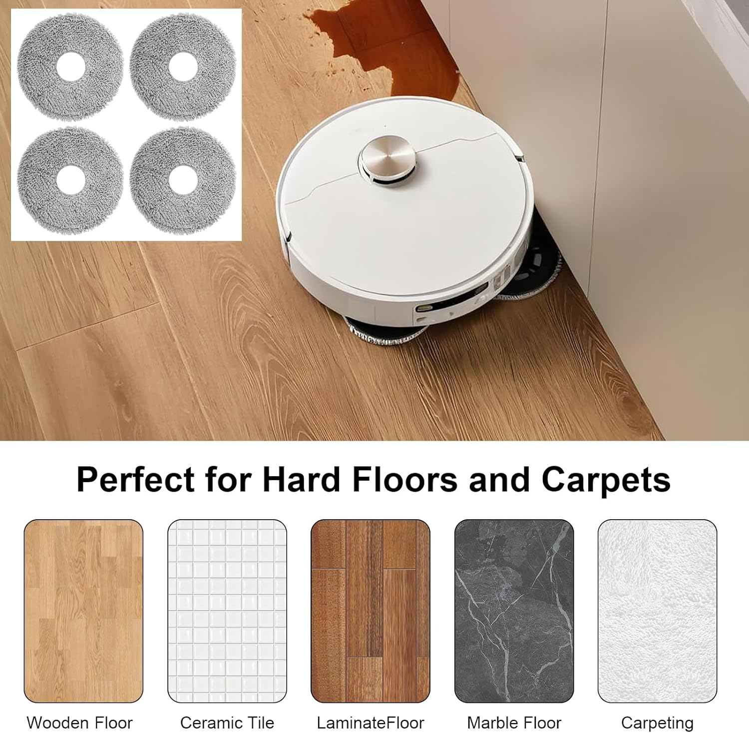 4 Pcs Microfiber Mop Pads for Roomba and Dreame Robots