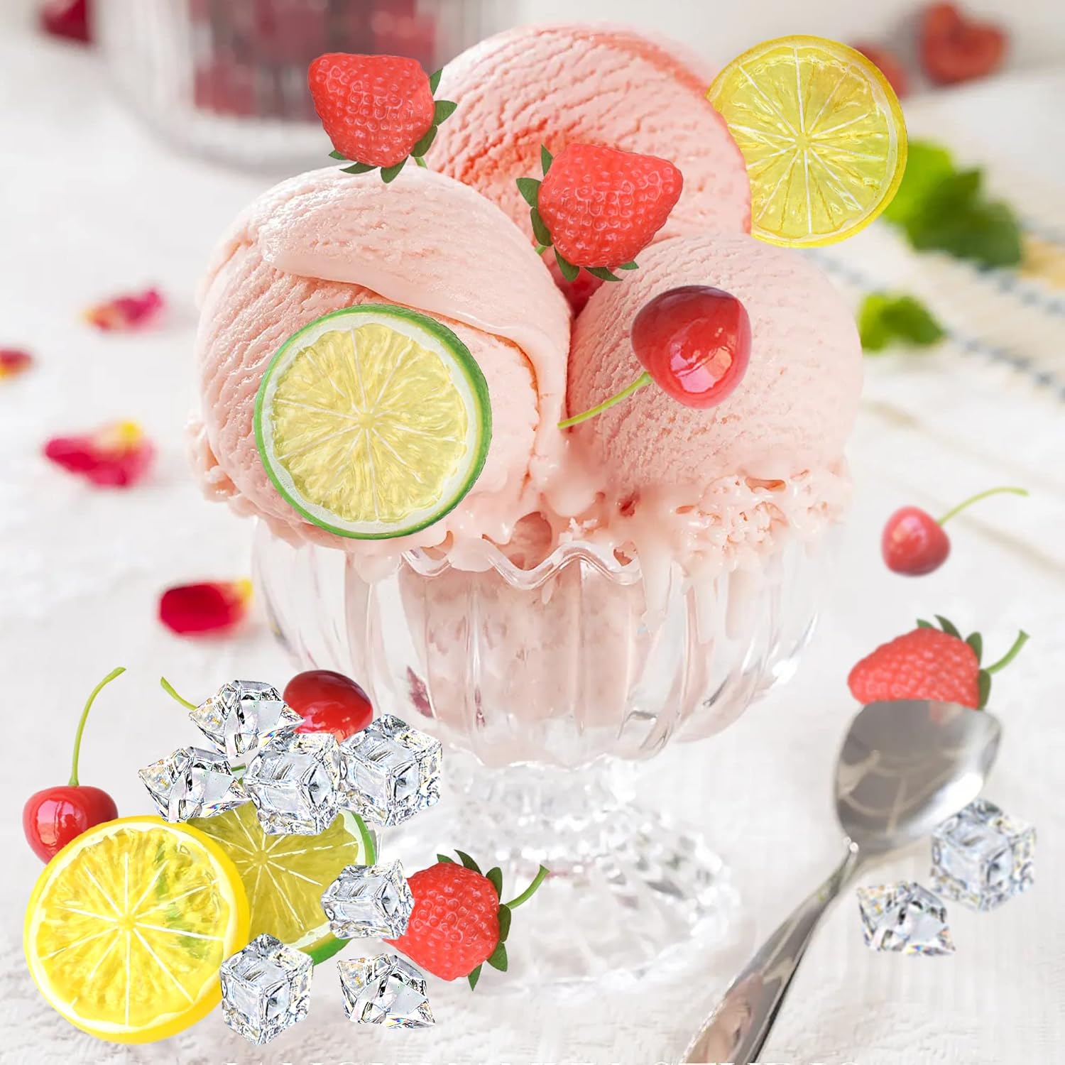 70 Pcs Artificial Fruit and Ice Cube Decor Set