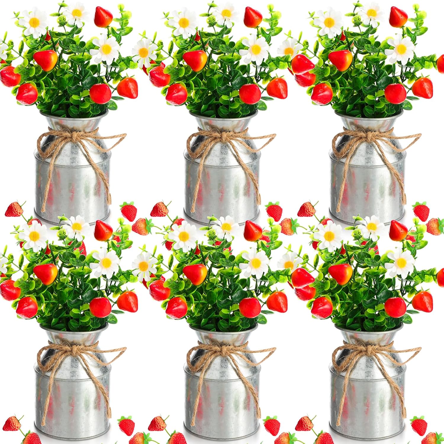 6 Piece Summer Strawberry Centerpieces with Vase and Fake Strawberries