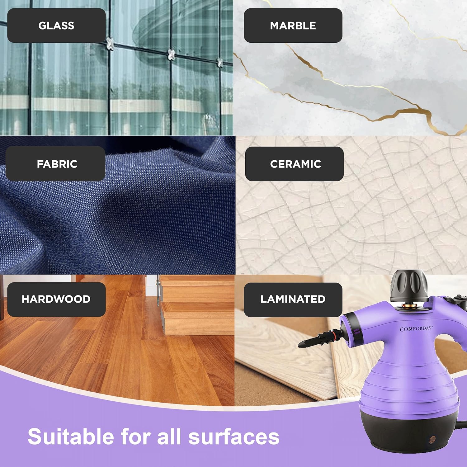 Comforday Multi-Purpose Handheld Steam Cleaner with 9-Piece Set - Purple
