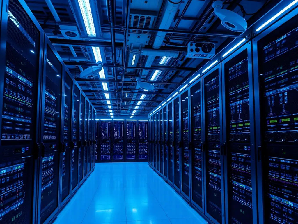 An image showing a secure cloud data center with glowing servers, symbolizing data security and accessibility.