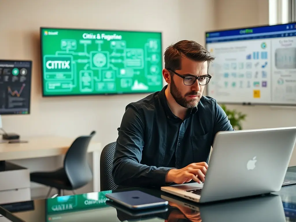 A consultant reviewing a company's IT infrastructure on a laptop, focusing on network diagrams and server configurations, in a modern office setting.