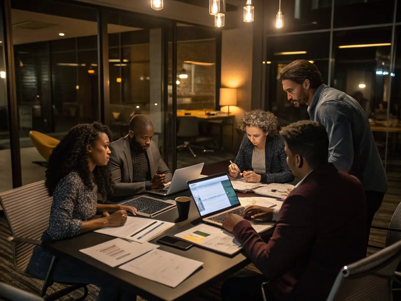 An image depicting a diverse team of GLEEABURRATECH LTD consultants collaborating on a digital strategy in a modern office setting, emphasizing teamwork and innovation.