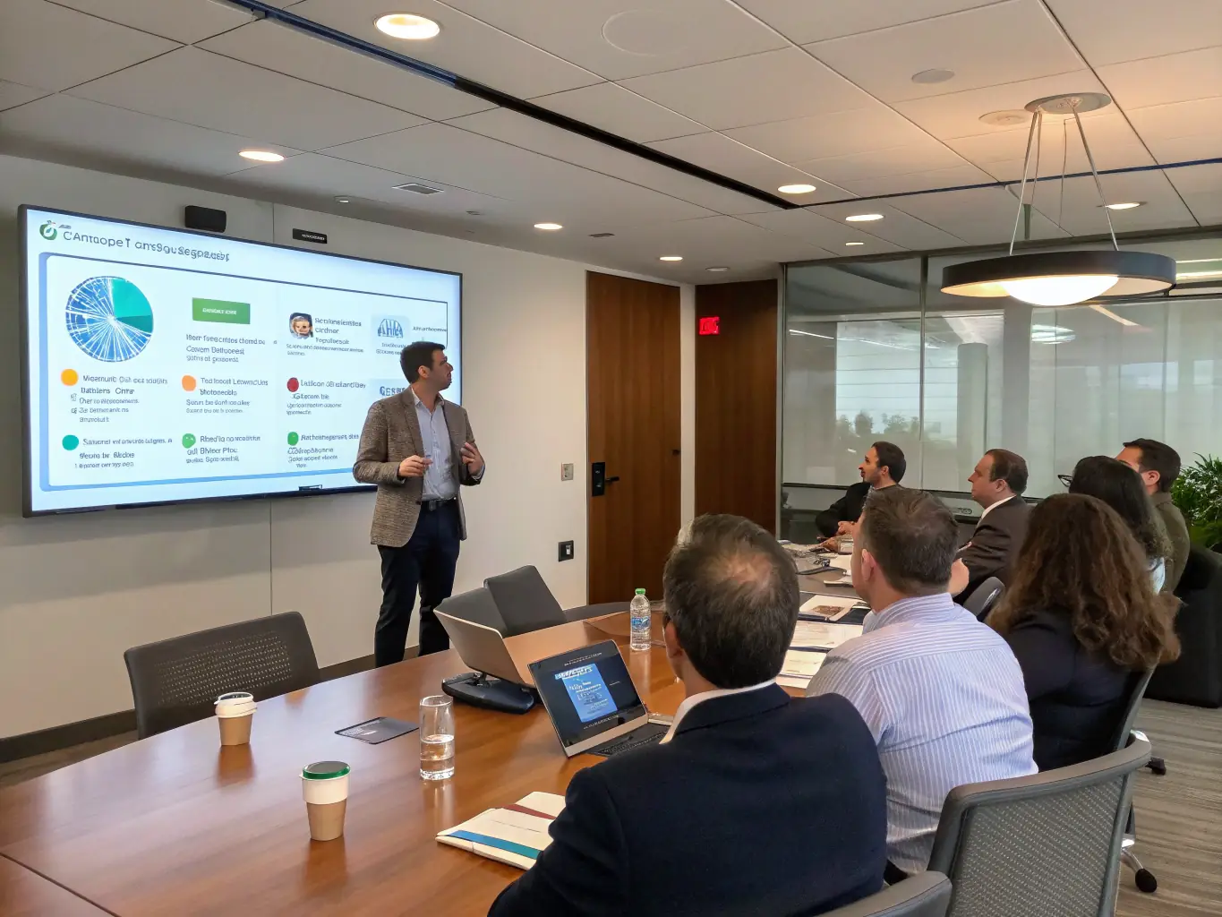 A consultant demonstrating AI-powered analytics on a dashboard, highlighting key performance indicators and predictive insights for business decision-making.